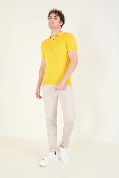 Erkek Çıtçıtlı Yaka Biyeli Merserize T-Shirt Sarı - 5