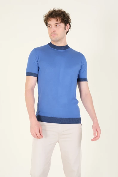 Erkek Yarım Balıkçı Merserize T-Shirt Mavi - 3