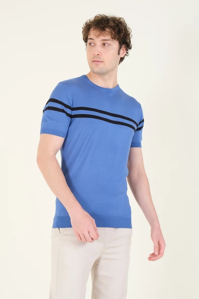 Erkek Sıfır Yaka Çizgili Merserize T-Shirt İndigo - 3