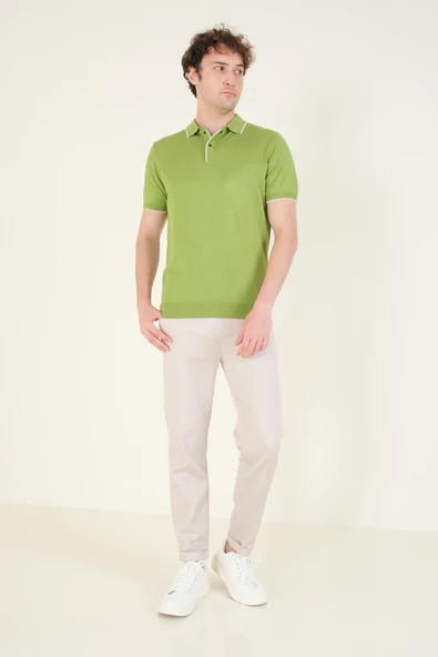 Erkek Çıtçıtlı Yaka Biyeli Merserize T-Shirt Yeşil - 5