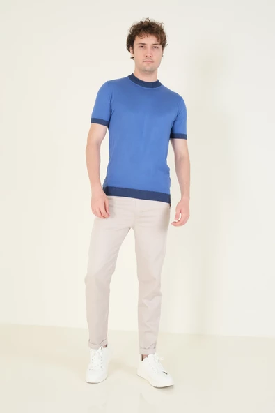 Erkek Yarım Balıkçı Merserize T-Shirt Mavi - 4