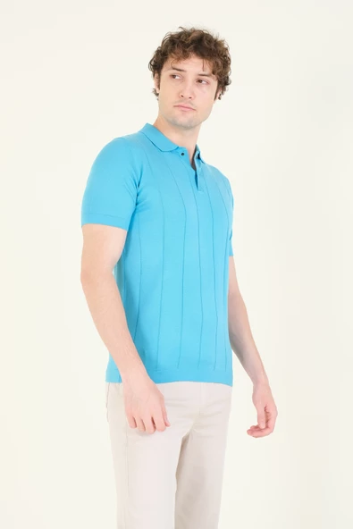 Erkek Çizgili Polo Yaka Merserize T-Shirt Mavi - 3