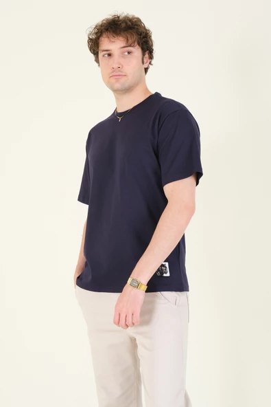 Erkek Sıfır Yaka Oversize Nakışlı T-Shirt Lacivert - 3