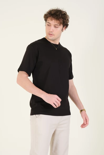 Erkek Sıfır Yaka Oversize T-Shirt Siyah - 3