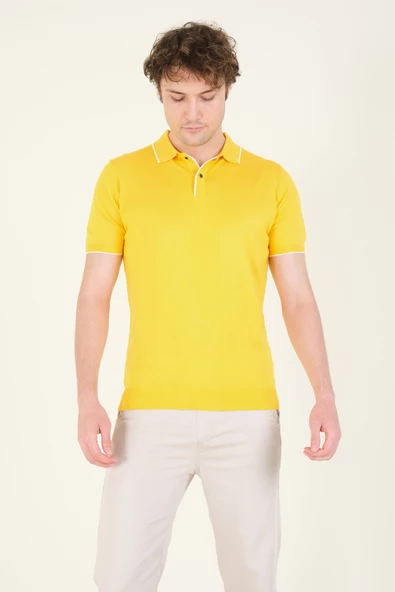 Erkek Çıtçıtlı Yaka Biyeli Merserize T-Shirt Sarı - 3