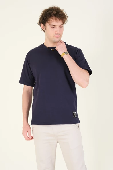 Erkek Sıfır Yaka Oversize Nakışlı T-Shirt Lacivert - 2