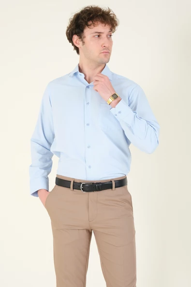 Erkek Tek Cep Klasik Kesim Gömlek Mavi