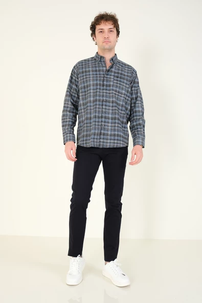 Erkek Tek Cep Ekose Desenli Kışlık Gömlek Füme - 6