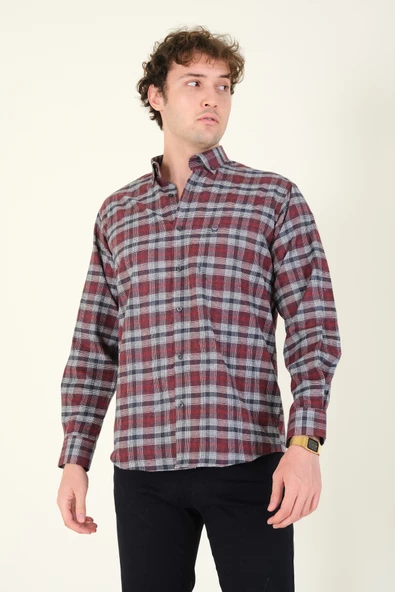 Erkek Tek Cep Ekose Desenli Kışlık Gömlek Bordo - 3