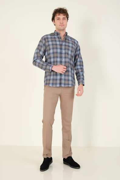 Erkek Tek Cep Ekose Desenli Kışlık Gömlek Mavi - 4