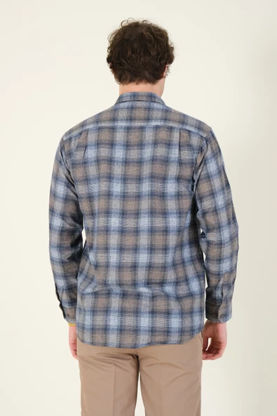 Erkek Tek Cep Ekose Desenli Kışlık Gömlek Mavi - 6