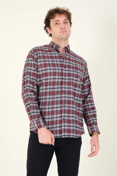 Erkek Tek Cep Ekose Desenli Kışlık Gömlek Bordo - 4