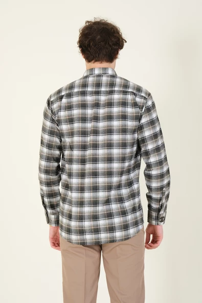 Erkek Tek Cep Ekose Desenli Kışlık Gömlek Haki - 5