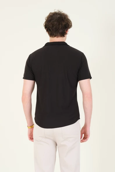 Erkek Gömlek Yaka Düğmeli Dokulu Penye Gömlek Siyah - 5