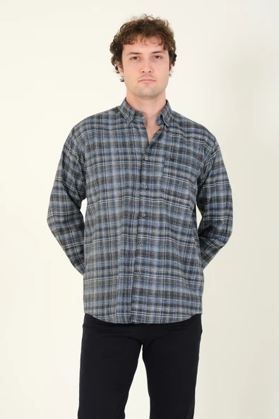 Erkek Tek Cep Ekose Desenli Kışlık Gömlek Füme - 3