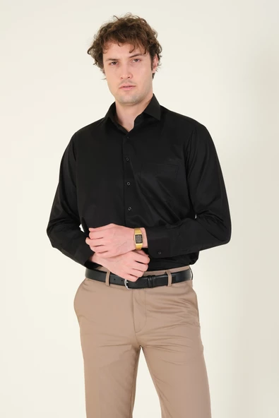 Erkek Tek Cep Klasik Kesim Gömlek Siyah