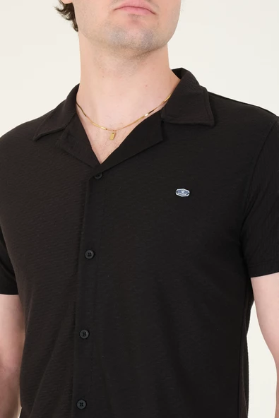 Erkek Gömlek Yaka Düğmeli Dokulu Penye Gömlek Siyah - 6