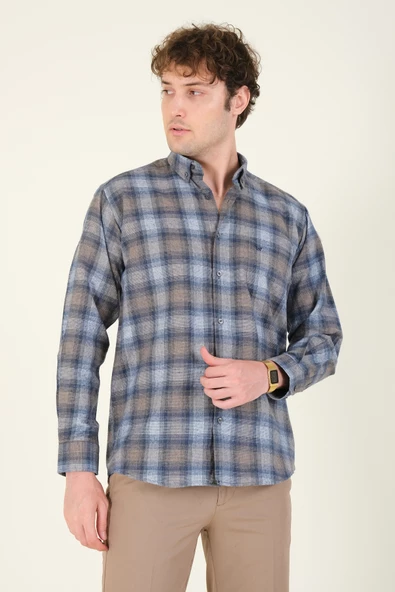 Erkek Tek Cep Ekose Desenli Kışlık Gömlek Mavi