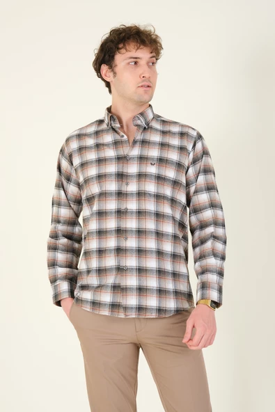 Erkek Tek Cep Ekose Desenli Kışlık Gömlek Vizon