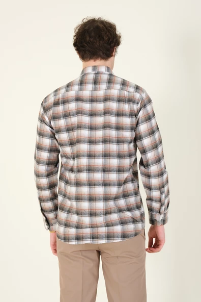 Erkek Tek Cep Ekose Desenli Kışlık Gömlek Vizon - 4