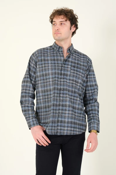 Erkek Tek Cep Ekose Desenli Kışlık Gömlek Füme - 4