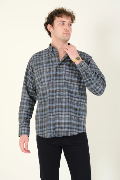 Erkek Tek Cep Ekose Desenli Kışlık Gömlek Füme - 2