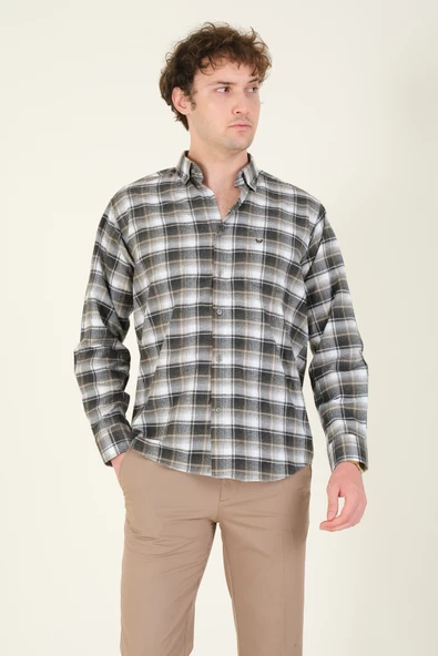 Erkek Tek Cep Ekose Desenli Kışlık Gömlek Haki - 4