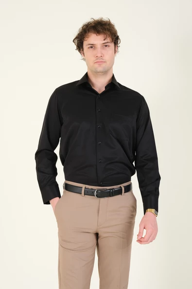 Erkek Tek Cep Klasik Kesim Gömlek Siyah - 4