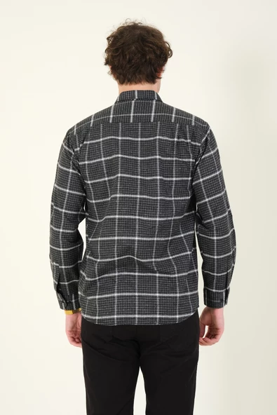 Erkek Tek Cep Ekose Desenli Kışlık Gömlek Siyah - 5