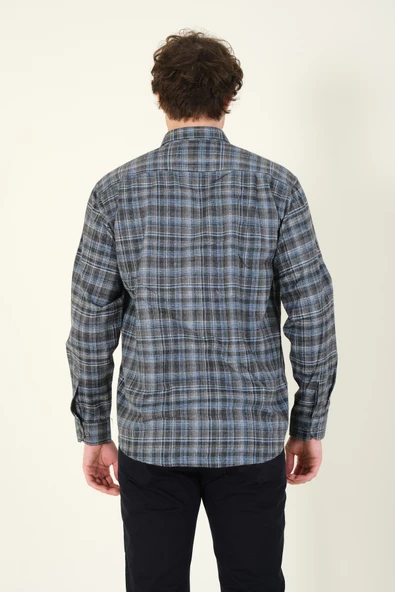 Erkek Tek Cep Ekose Desenli Kışlık Gömlek Füme - 5