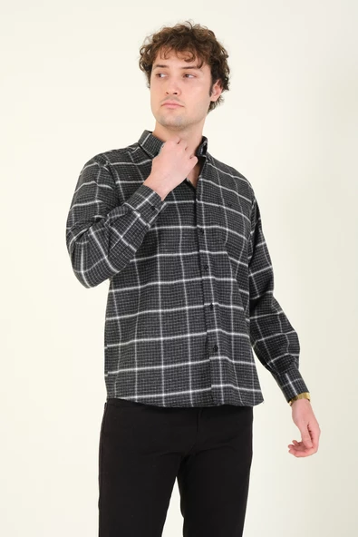 Erkek Tek Cep Ekose Desenli Kışlık Gömlek Siyah - 3