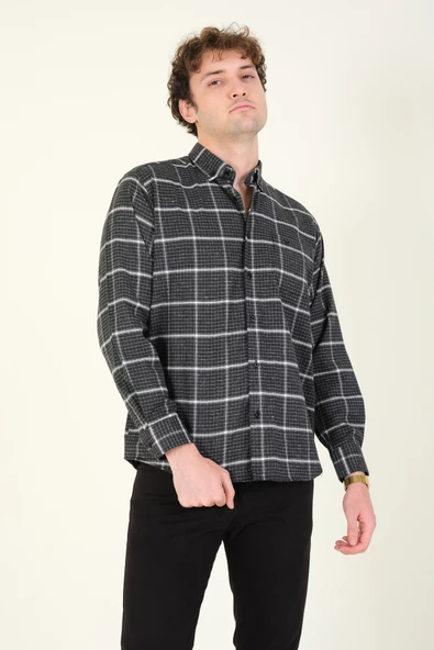 Erkek Tek Cep Ekose Desenli Kışlık Gömlek Siyah - 4