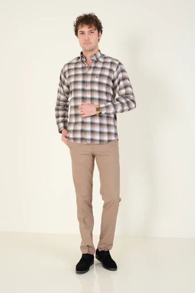 Erkek Tek Cep Ekose Desenli Kışlık Gömlek Vizon - 2