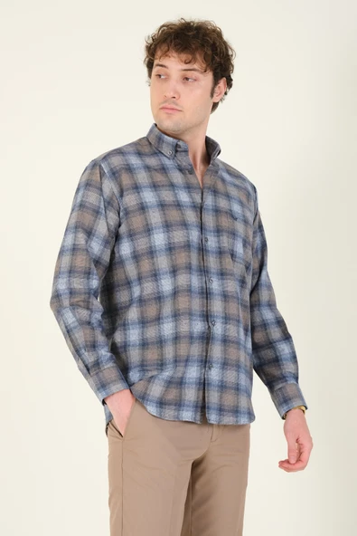 Erkek Tek Cep Ekose Desenli Kışlık Gömlek Mavi - 3