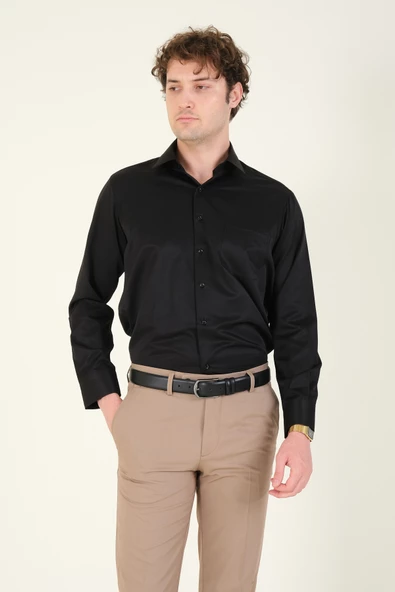 Erkek Tek Cep Klasik Kesim Gömlek Siyah - 3