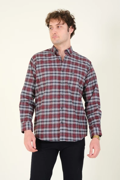 Erkek Tek Cep Ekose Desenli Kışlık Gömlek Bordo - 5