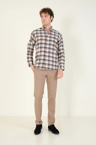 Erkek Tek Cep Ekose Desenli Kışlık Gömlek Vizon - 3