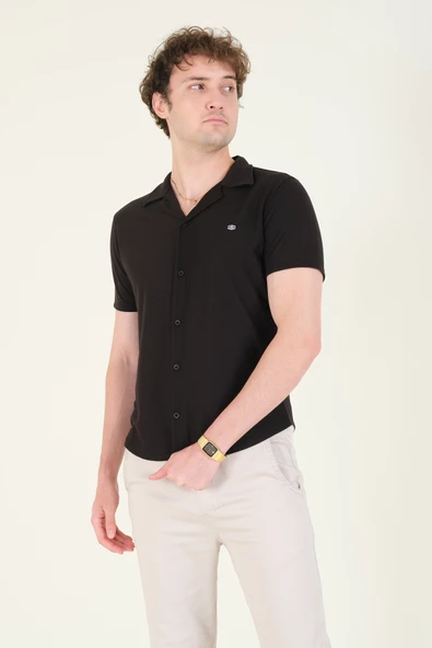 Erkek Gömlek Yaka Düğmeli Dokulu Penye Gömlek Siyah - 2