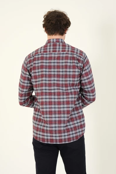 Erkek Tek Cep Ekose Desenli Kışlık Gömlek Bordo - 6