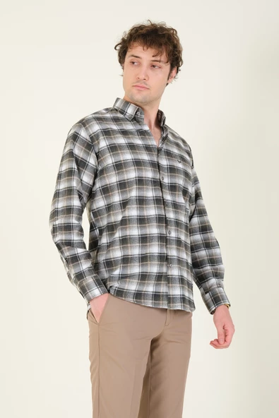 Erkek Tek Cep Ekose Desenli Kışlık Gömlek Haki - 3