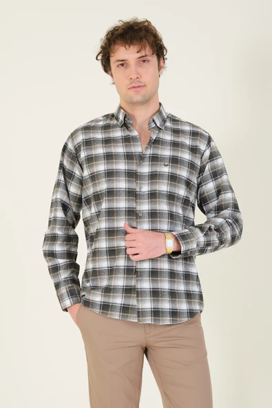 Erkek Tek Cep Ekose Desenli Kışlık Gömlek Haki - 2