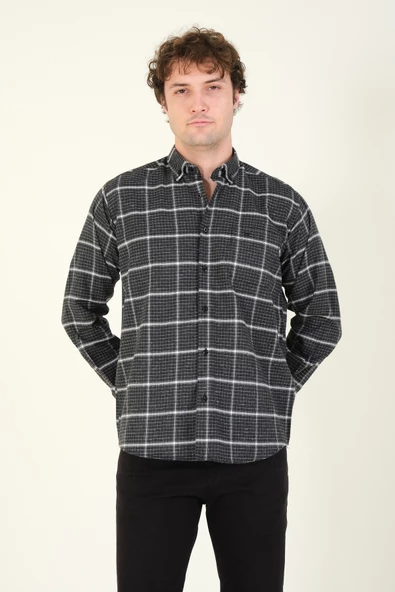 Erkek Tek Cep Ekose Desenli Kışlık Gömlek Siyah - 2