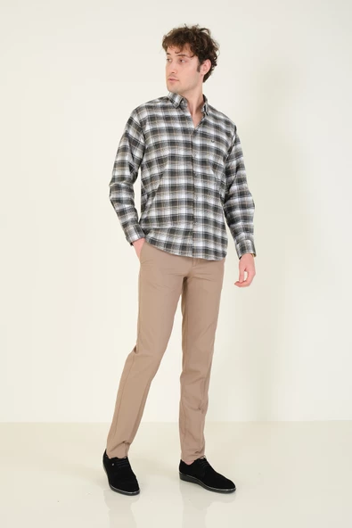 Erkek Tek Cep Ekose Desenli Kışlık Gömlek Haki - 6