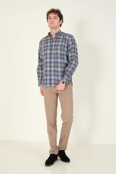 Erkek Tek Cep Ekose Desenli Kışlık Gömlek Mavi - 5