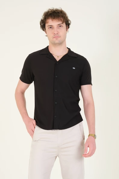 Erkek Gömlek Yaka Düğmeli Dokulu Penye Gömlek Siyah - 3