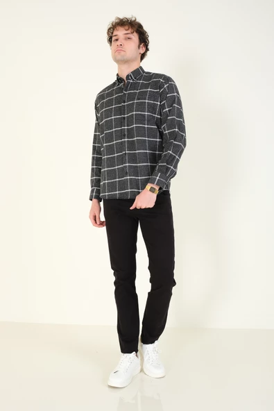 Erkek Tek Cep Ekose Desenli Kışlık Gömlek Siyah - 6