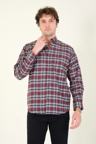 Erkek Tek Cep Ekose Desenli Kışlık Gömlek Bordo