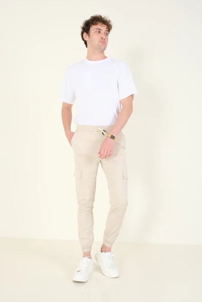 Erkek Kargo Cep Paça Lastikli Pantolon Taş - 6