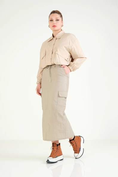 Kadın Paraşüt Crop Mont Açık Camel - 5