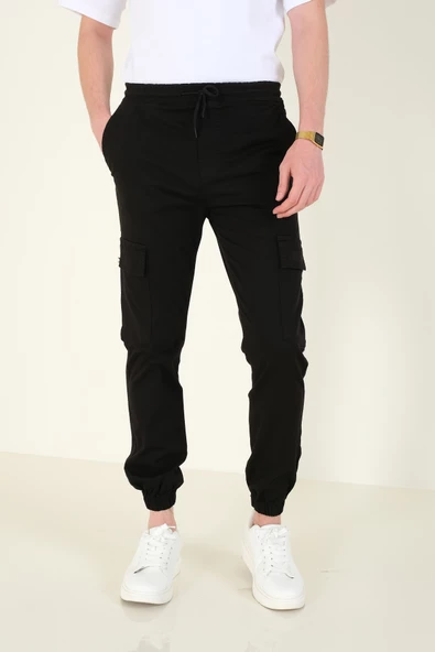 Erkek Kargo Cep Paça Lastikli Pantolon Siyah - 2